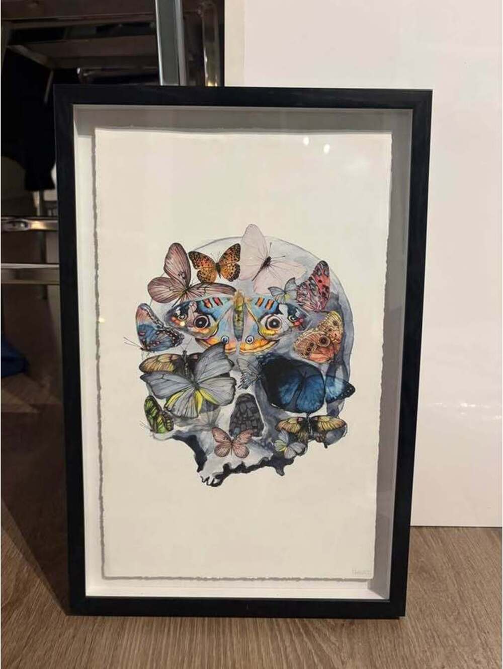Magnificent Butterfly Skull by artist Parvez Taj framed. 18” x 12”